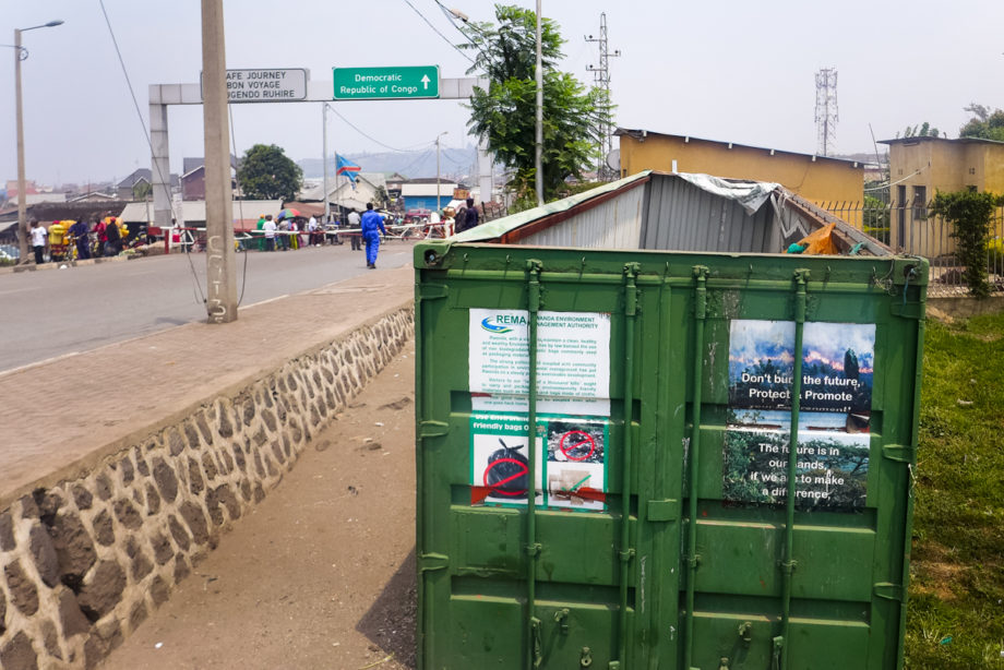 At the border between Gisenyi, Rwanda, and Goma, Democratic Republic of Congo, people entering Rwanda are told to discard any plastic bags they’re carrying into a bin.
